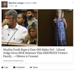marsha looper posts fake news about muslim rape 7-17
